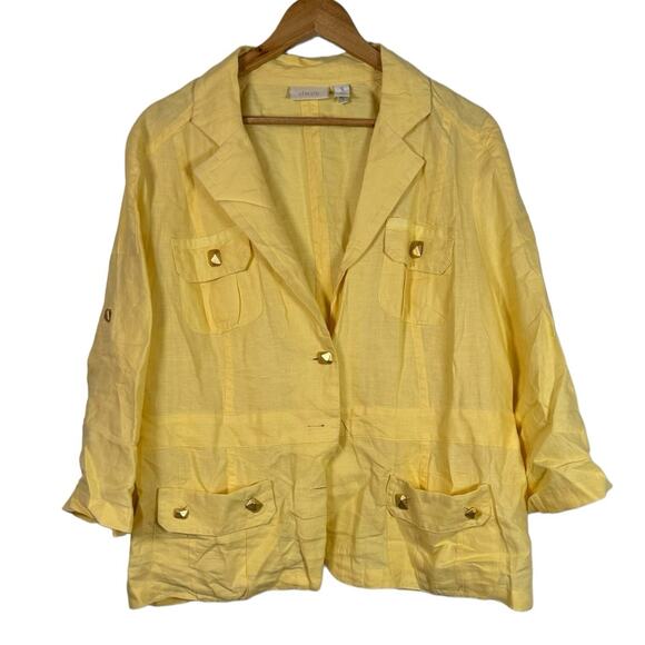Chico's Jackets & Blazers - Chicos Yellow 100% Linen Safari Jacket Size 3 - XL Roll-Tab Sleeve Lightweight